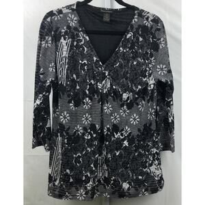 Susan Lawrence Blouse Women XL Black Floral Stretch Knit Pleat V Neck 3/4 Sleeve